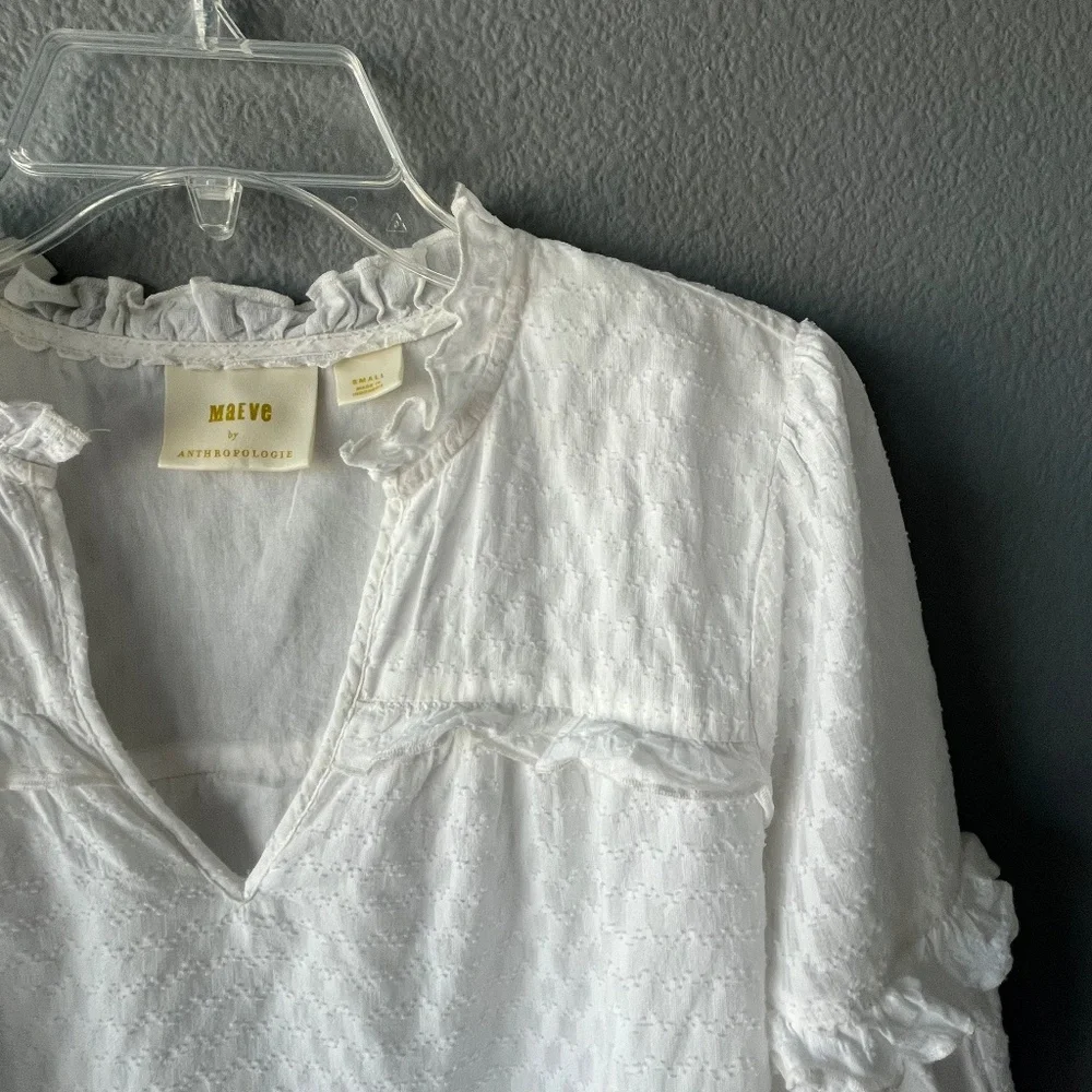 Anthropologie White Ruffled V-Neck Peasant Blouse